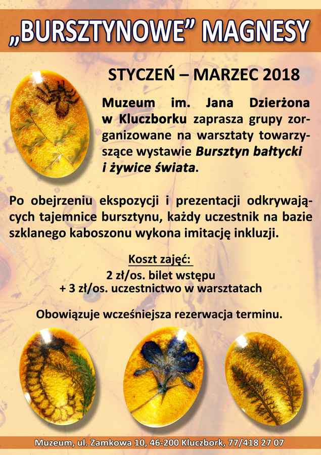 "Bursztynowe" magnesy - warsztaty dla grup zorganizowanych. Styczeń-marzec 2018 r. Koszt zajęć: 2 zł/os. bilet wstępu + 3 zł/os. uczestnictwo w warsztatach.