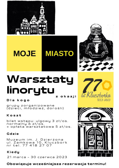 Warsztaty linorytu "Moje miasto" dla grup zorganizowanych, obowiązuje wcześniejsza rezerwacja terminu, koszt zajęć: bilet wstępu + 5 zł/os. za uczestnictwo w zajęciach