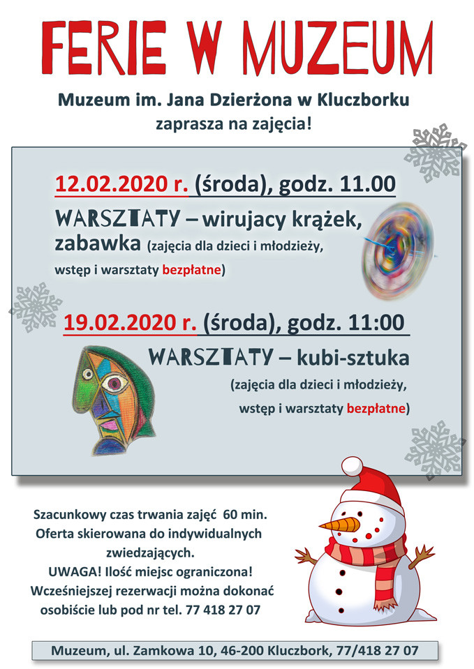Ferie w muzeum - 12 i 19 lutego 2020, godz. 11.00 - bezpłatne warsztaty, zapraszamy!
