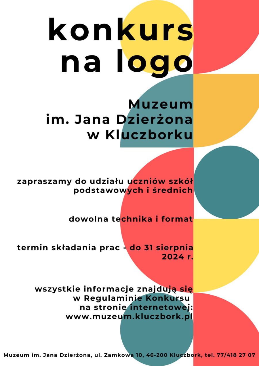 Konkurs na logo - technika dowolna - do udziału zapraszamy uczniów szkół podstawowych i średnich powiatu kluczborskiego, szczegóły w regulaminie. (Na plakacie geometryczne kształty w odcieniach żółtego, koralowego i turkusu).