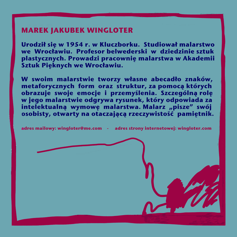 Marek Jakubek urodził się w 1954 r. w Kluczborku. W latach 1974-79 studiował malarstwo w PWSSP we Wrocławiu. Jest profesorem sztuk  plastycznych, prowadzi Pracownię Malarstwa na Wydziale Malarstwa i Rzeźby Akademii Sztuk Pięknych we Wrocławiu. Uprawia malarstwo, grafikę i rysunek. Wielokrotnie nagradzany i wyróżniany. Wystawia w kraju i za granicą (Niemcy, Bułgaria, Norwegia, Szwecja, USA, Belgia, Czechy, Grecja, Wielka Brytania, Rosja, Włochy).