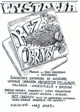 Plakat wystawy "Bez obrazy" -  czarno-bialy rysunek przedstawiający bez, odręczne liternictwo