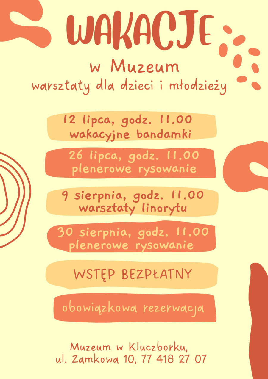 Bezpłatne warsztaty dla dzieci i młodzieży (12 lipca - wakacyjne bandamki, 26 lipca plenerowe rysowanie, 9 sierpnia - linoryt, 30 sierpnia - plenerowe rysowanie). Start o godz. 11.00, obowiązują zapisy!